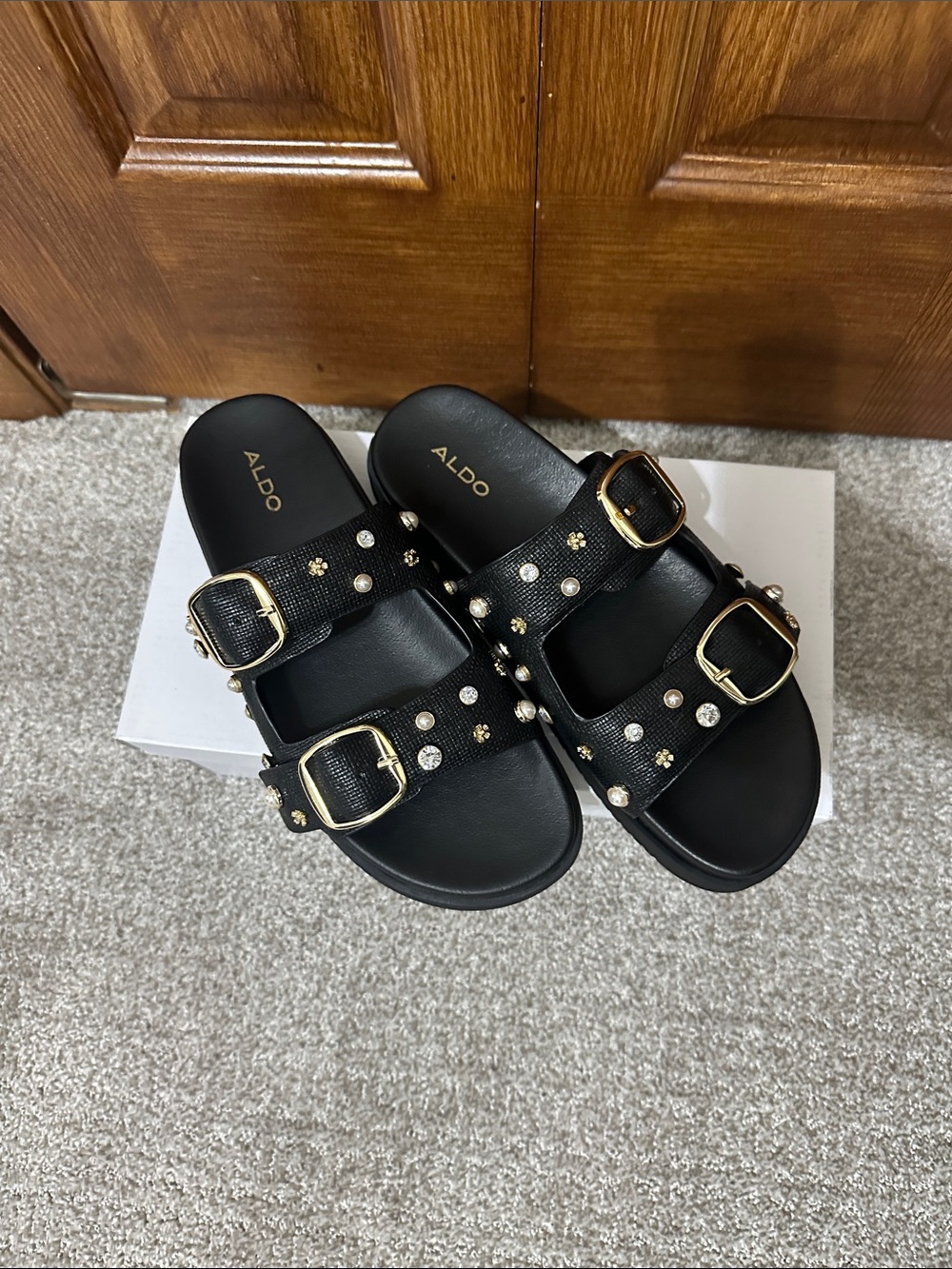 ALDO Black Studded Double-Buckle Slide Sandals with Gold Hardware
